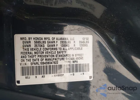 2003 Honda Odyssey Ex-L z USA, uszkodzony, nr VIN 5FNRL18943B047822